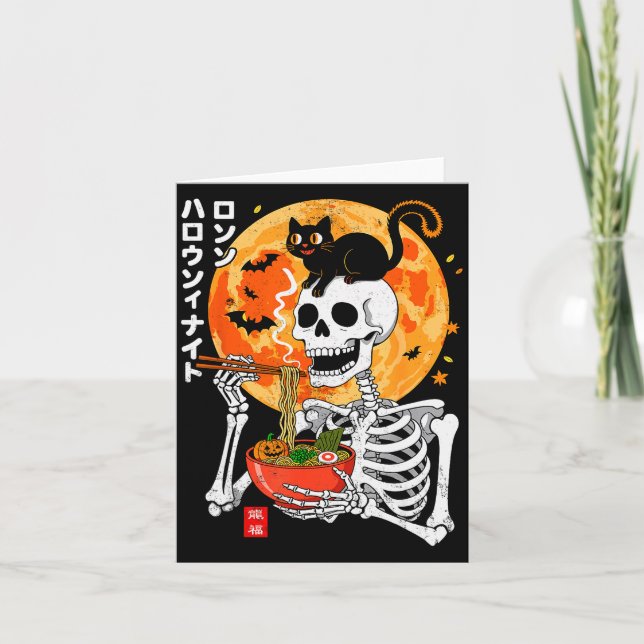 Soky Skeleton Eating Ramen Bowl With Cat Halloween Card (Front)