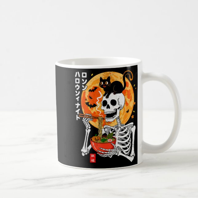 Soky Skeleton Eating Ramen Bowl With Cat Halloween Coffee Mug (Right)