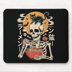 Soky Skeleton Eating Ramen Bowl With Cat Halloween Mouse Pad