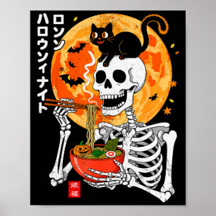 Soky Skeleton Eating Ramen Bowl With Cat Halloween Poster