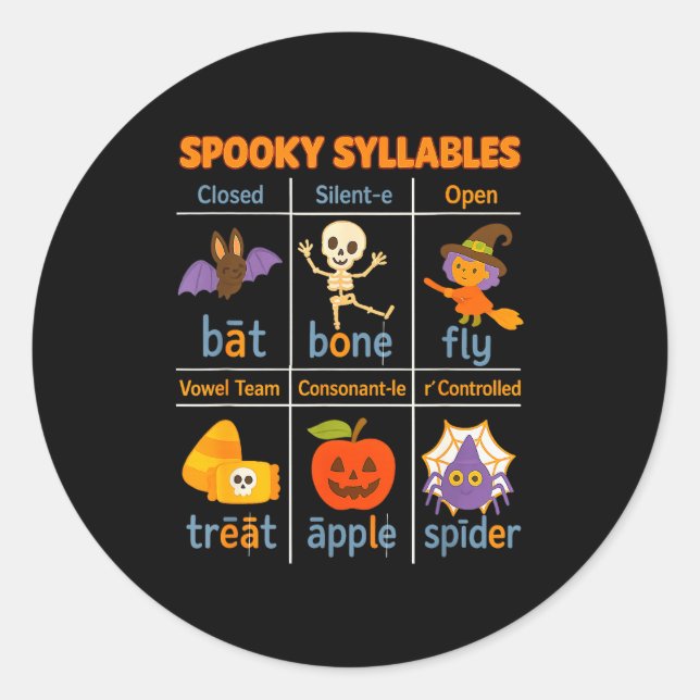 Soky Syllables Teacher Funny Halloween Educational Classic Round Sticker (Front)