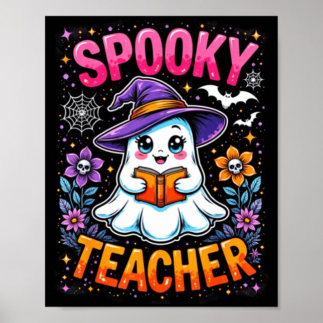 Soky Teacher Cute Ghost Reading Book Funny Hallo  Poster (Front)