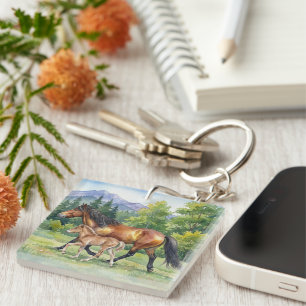 Sola Icelandic Horse and Foal in Mountain Meadow Key Ring