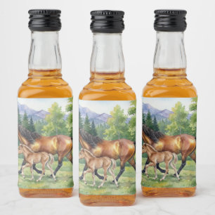 Sola Icelandic Horse and Foal in Mountain Meadow Liquor Bottle Label