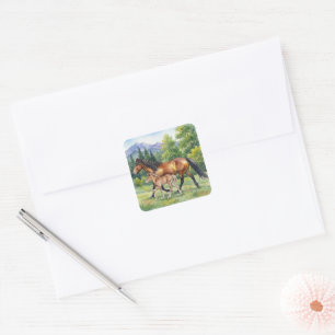 Sola Icelandic Horse and Foal in Mountain Meadow Square Sticker