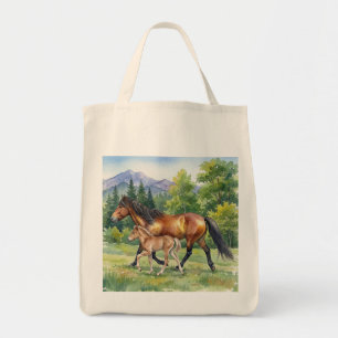 Sola Icelandic Horse and Foal in Mountain Meadow Tote Bag