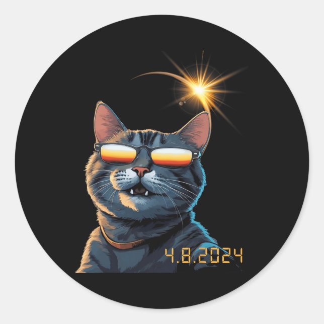 Solar 2024 Eclipse Cat Wearing Eclipse Glasses 1  Classic Round Sticker (Front)