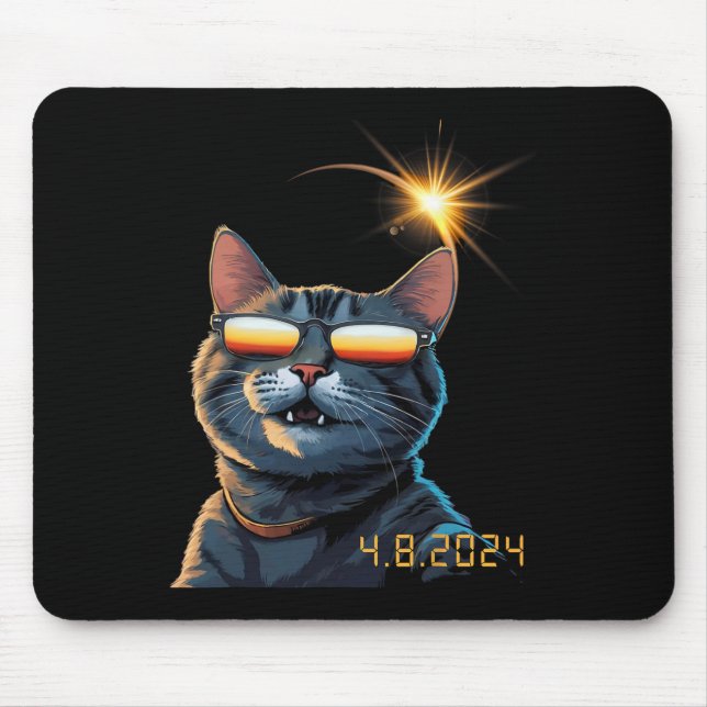 Solar 2024 Eclipse Cat Wearing Eclipse Glasses  Mouse Pad (Front)