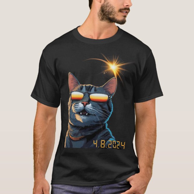 Solar 2024 Eclipse Cat Wearing Eclipse Glasses  T-Shirt (Front)