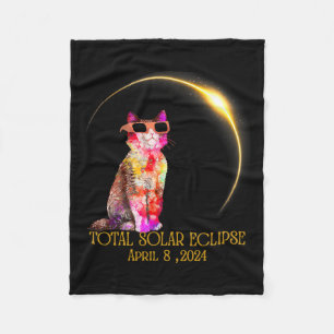 Solar Eclipse 2024 Cat Wearing Solar Eclipse Glass Fleece Blanket