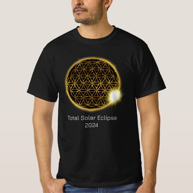 Solar Eclipse 2024 Gold Sparkling Flower of Life T-Shirt (Front)
