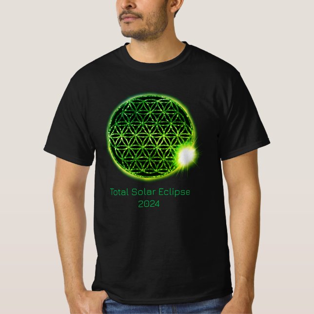Solar Eclipse 2024 Green Sparkling Flower of Life T-Shirt (Front)