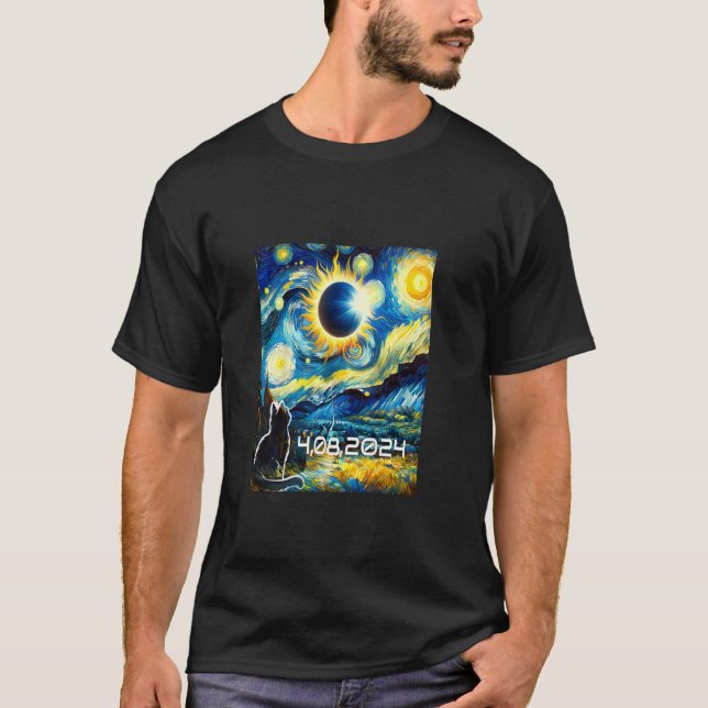 Solar Eclipse 2024 Tshirt Cat With Van Gogh Starry (Front)