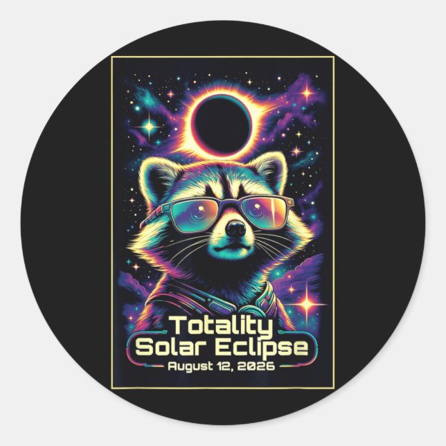 Solar Eclipse August 12 2026 Totality Racoon Classic Round Sticker (Front)