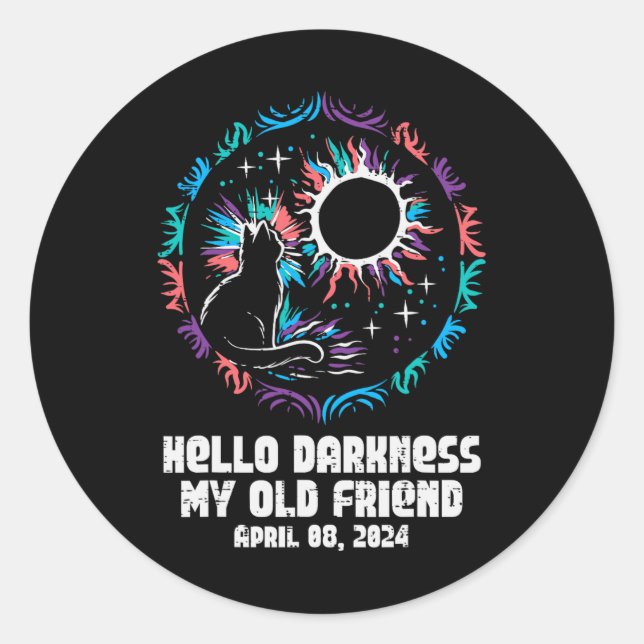 Solar Eclipse Cat Hello Darkness April 8 Women Gir Classic Round Sticker (Front)