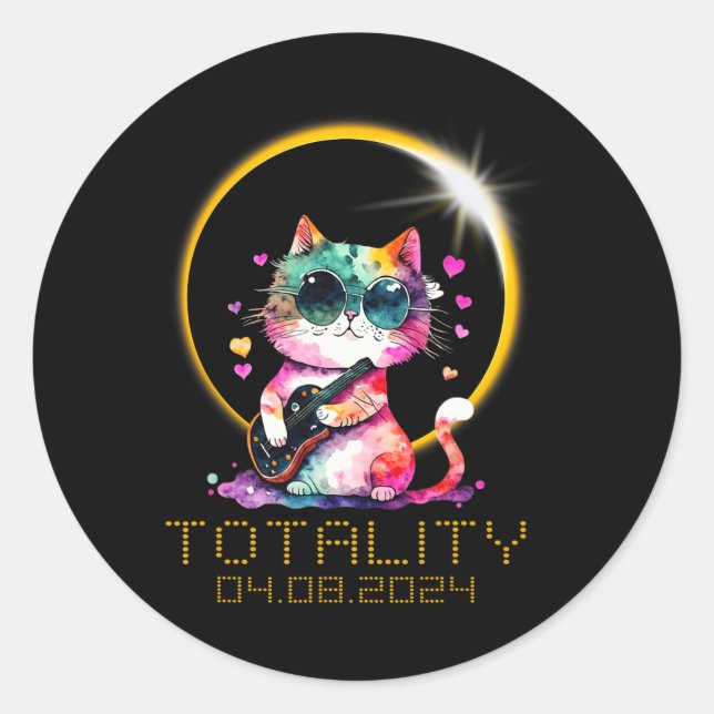 Solar Eclipse Cat Wearing Solar Eclipse Glasses  Classic Round Sticker (Front)