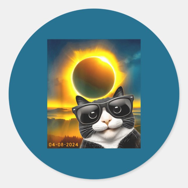 Solar Eclipse Totality Tuxedo Cat Classic Round Sticker (Front)
