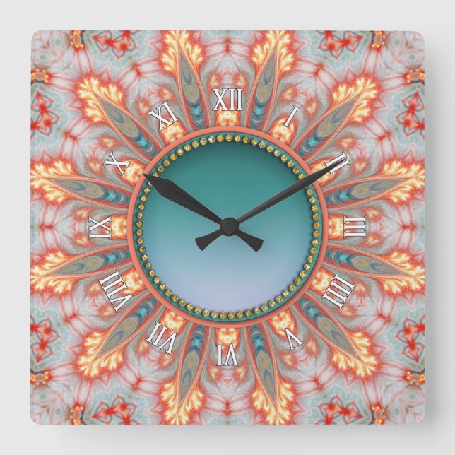 Solar Fire Fractals Orange Teal Wall Clock (Front)