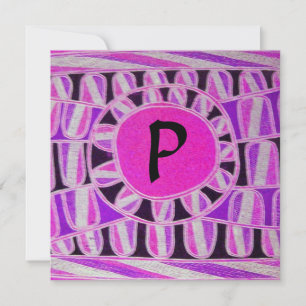 SOLAR MONOGRAM,bright pink fuchsia black white Invitation