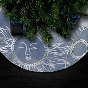 Solar Mystique   Dusty Blue Silver Moon Stars Sun Brushed Polyester Tree Skirt