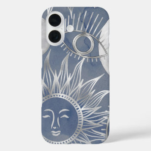 Solar Mystique   Dusty Blue Silver Moon Stars Sun iPhone 16 Case