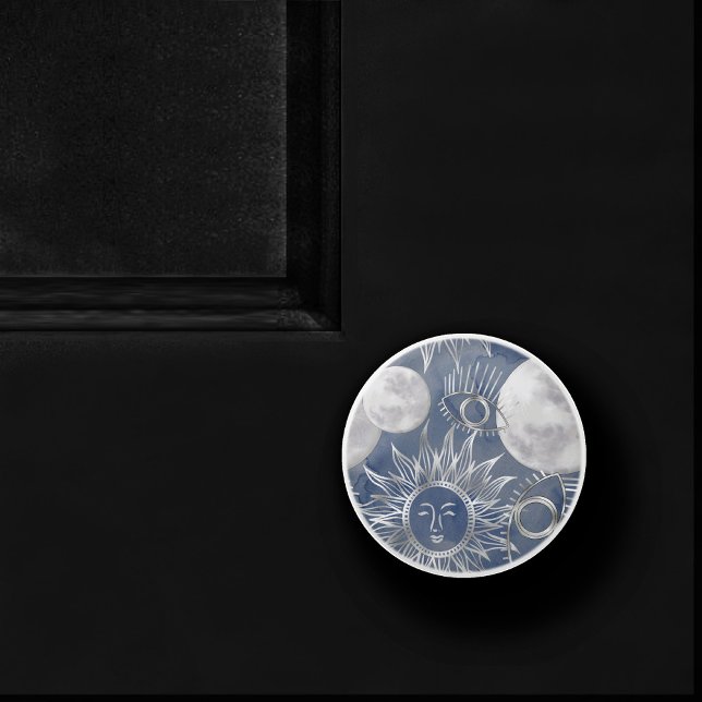 Solar Mystique | Dusty Blue Silver Moon Stars Sun Ceramic Knob (Creator Uploaded)