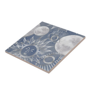 Solar Mystique Dusty Blue Silver Moon Stars Sun Ceramic Tile