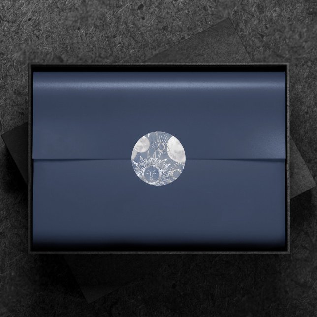 Solar Mystique | Dusty Blue Silver Moon Stars Sun Classic Round Sticker (Creator Uploaded)