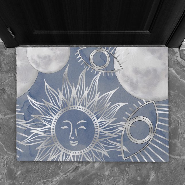 Solar Mystique | Dusty Blue Silver Moon Stars Sun Doormat (Creator Uploaded)