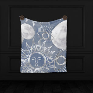 Solar Mystique Dusty Blue Silver Moon Stars Sun Fleece Blanket