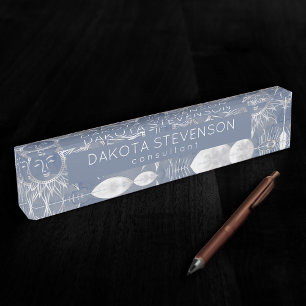 Solar Mystique   Dusty Blue Silver Moon Stars Sun Nameplate