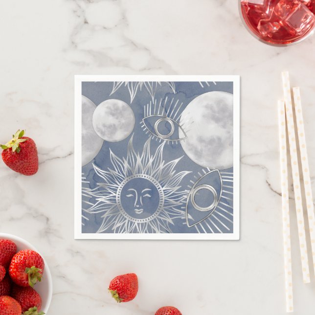 Solar Mystique | Dusty Blue Silver Moon Stars Sun Napkin (Insitu)