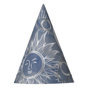 Solar Mystique   Dusty Blue Silver Moon Stars Sun Party Hat