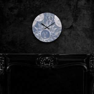 Solar Mystique   Dusty Blue Silver Moon Stars Sun Round Clock