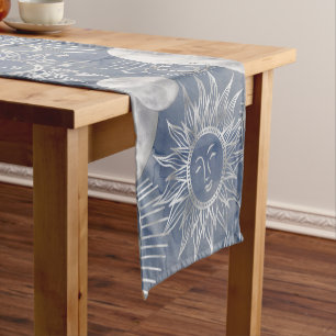 Solar Mystique   Dusty Blue Silver Moon Stars Sun Short Table Runner