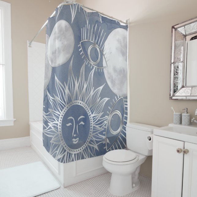 Solar Mystique | Dusty Blue Silver Moon Stars Sun Shower Curtain (In Situ)