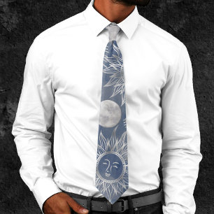 Solar Mystique   Dusty Blue Silver Moon Stars Sun Tie
