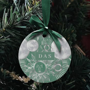 Solar Mystique   Dusty Green Silver Moon Stars Sun Ceramic Ornament