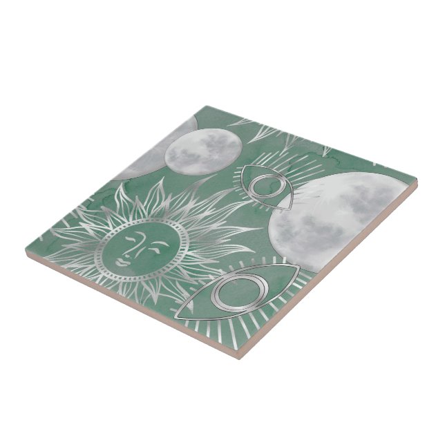 Solar Mystique | Dusty Green Silver Moon Stars Sun Ceramic Tile (Side)