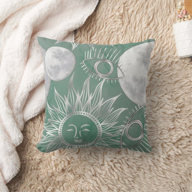 Solar Mystique | Dusty Green Silver Moon Stars Sun Cushion (Blanket)