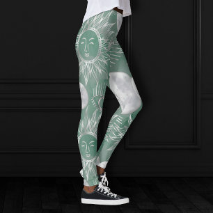 Solar Mystique   Dusty Green Silver Moon Stars Sun Leggings