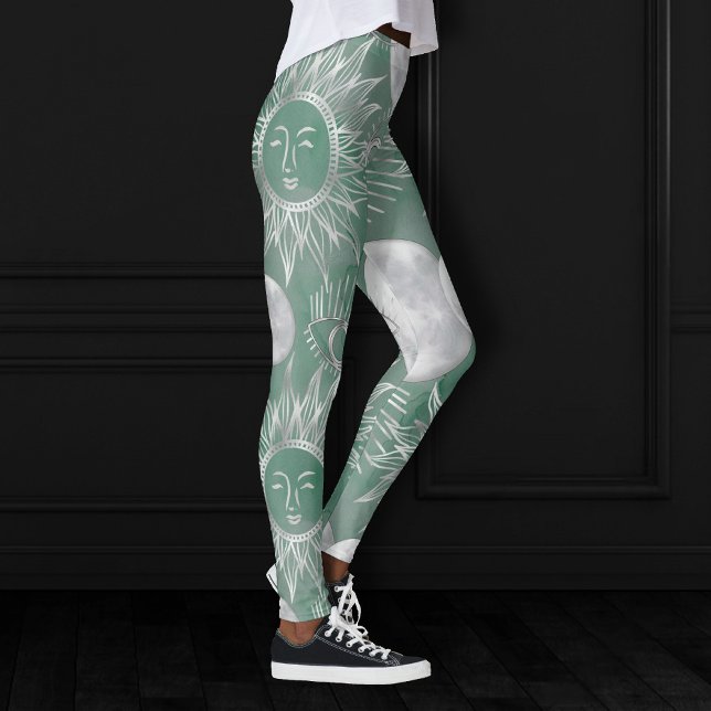 Solar Mystique | Dusty Green Silver Moon Stars Sun Leggings (Creator Uploaded)