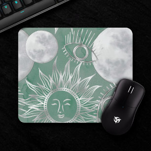 Solar Mystique Dusty Green Silver Moon Stars Sun Mouse Pad