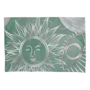 Solar Mystique   Dusty Green Silver Moon Stars Sun Pillowcase