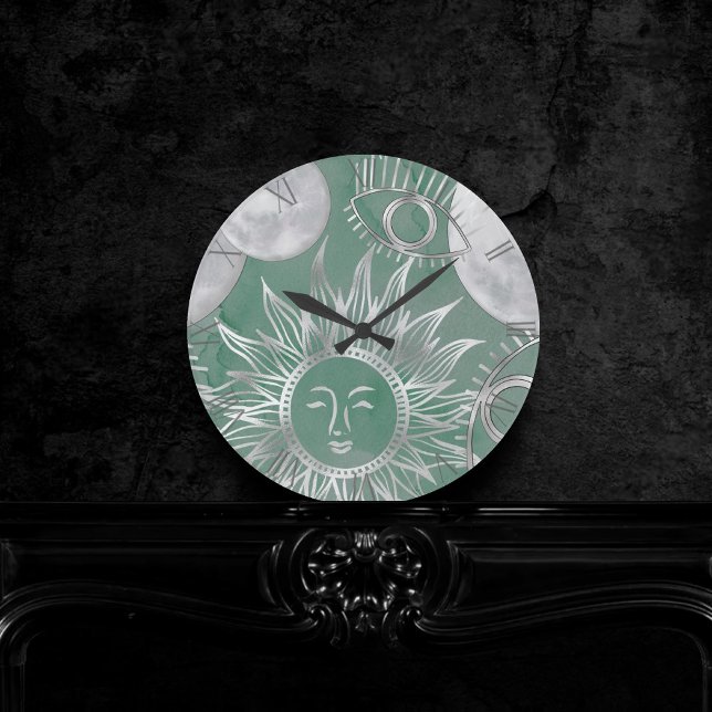 Solar Mystique | Dusty Green Silver Moon Stars Sun Round Clock (Creator Uploaded)
