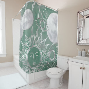 Solar Mystique   Dusty Green Silver Moon Stars Sun Shower Curtain