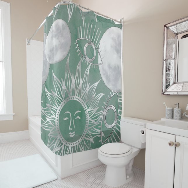 Solar Mystique | Dusty Green Silver Moon Stars Sun Shower Curtain (In Situ)