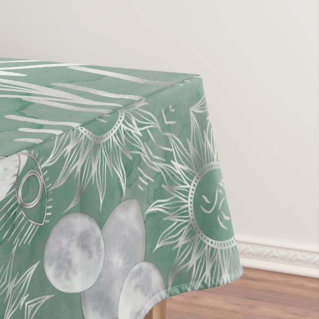 Solar Mystique | Dusty Green Silver Moon Stars Sun Tablecloth (In Situ)