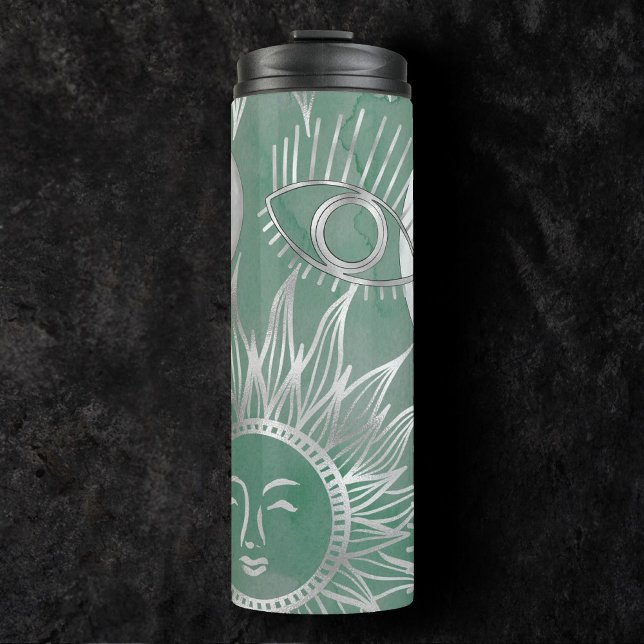 Solar Mystique | Dusty Green Silver Moon Stars Sun Thermal Tumbler (Creator Uploaded)