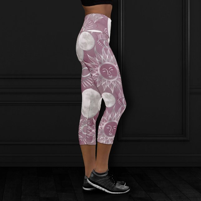 Solar Mystique | Pink Silver Moon Stars Sun Eyes Capri Leggings (Creator Uploaded)